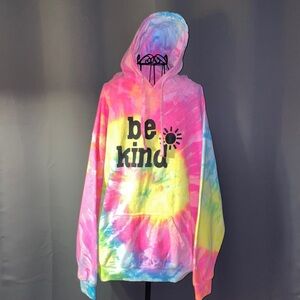 Women’s long sleeve sweatshirt with hood size XL.  Be kind.  Tie-dyed.